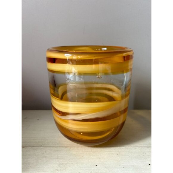 Hand-Made Art Glass Vase Clear to Yellow Scrolls - Picture 3 of 11